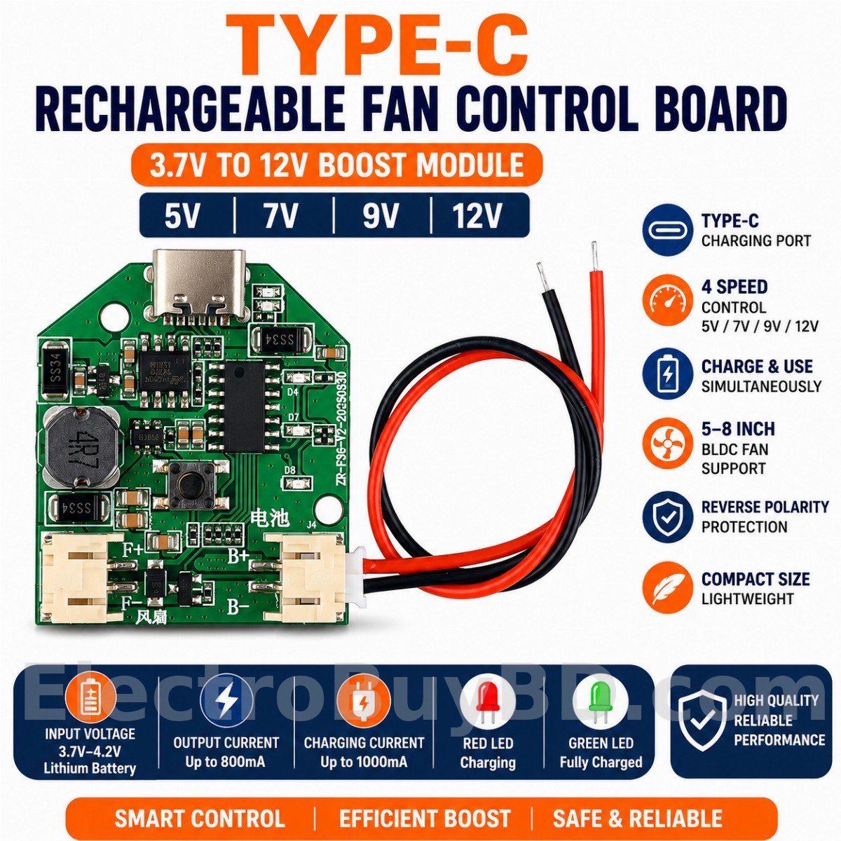 BLDC Fan Circuit 3.7V To 5,7,9,12V Ype-C Rechargeable Fan Control Board Boost Module